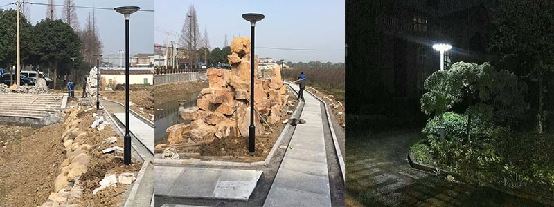 UFO圓盤型一體化太陽能庭院燈公園安裝效果實(shí)拍照片