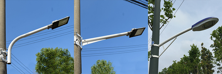 七度照明燈桿抱箍式A字路燈支臂\自彎路燈支臂\大刀路燈支臂安裝效果圖片