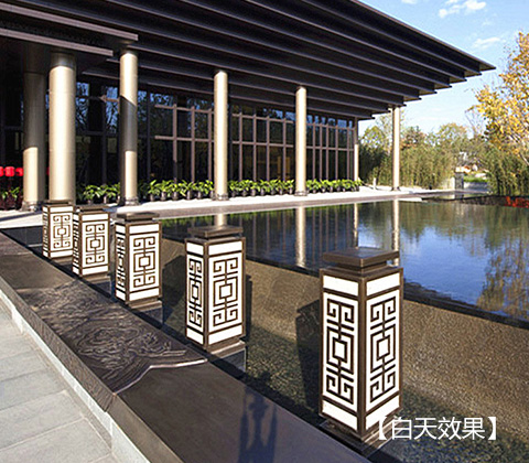 (QDCPD-009)不銹鋼鍍銅拉絲草坪燈矮柱燈應(yīng)用實(shí)拍白天效果